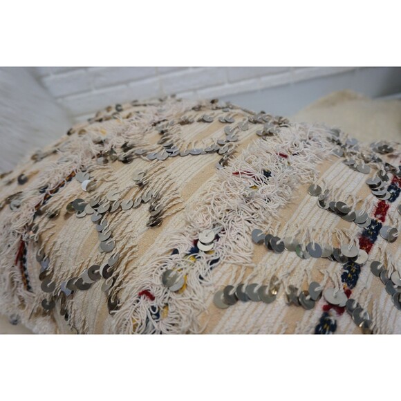 Vintage Moroccan Wedding Blanket Pillow: White Handira Lumbar Cushion 03YL0456 - Picture 8 of 10
